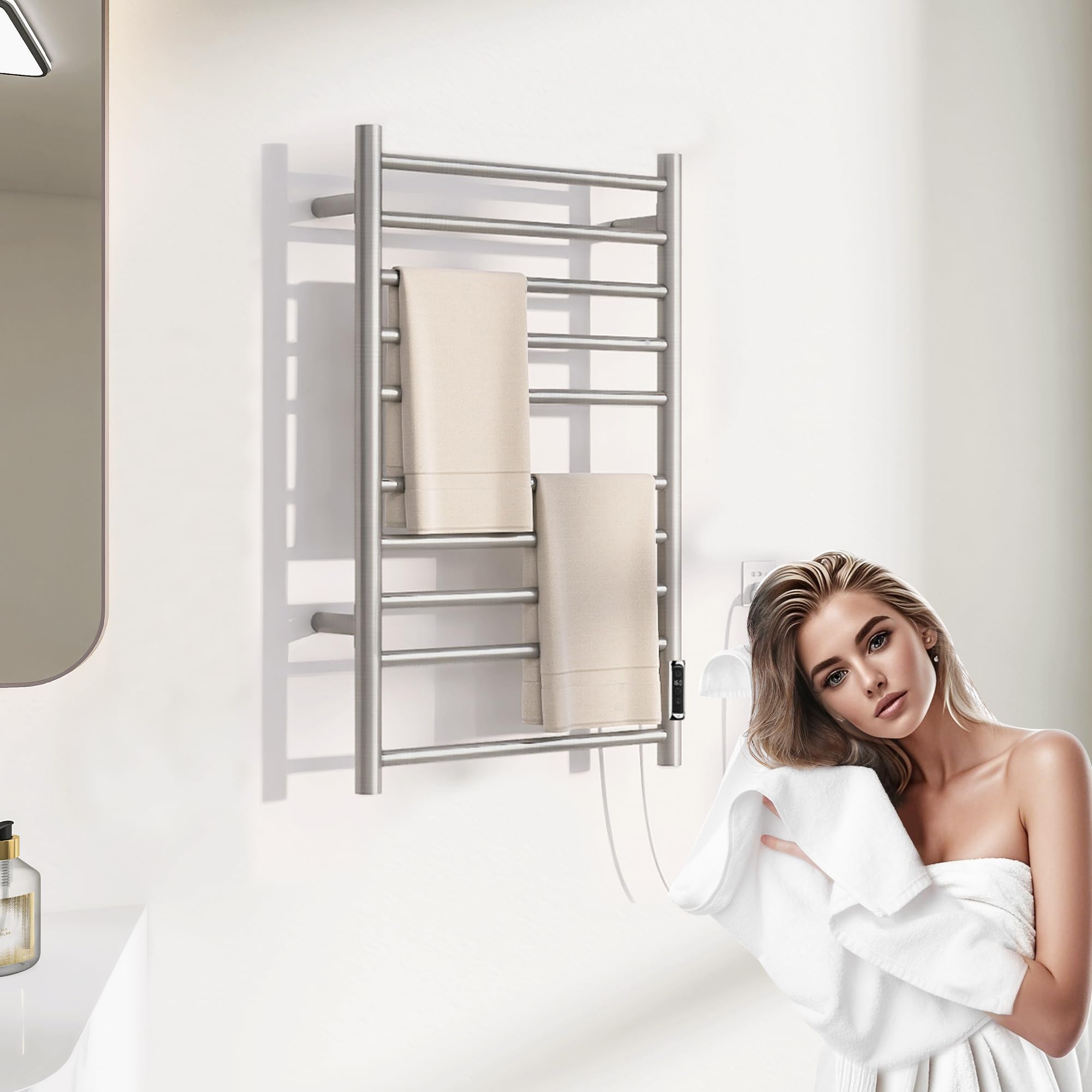 BLARALA Heated Towel Racks for Bathroom, Wall Mounted Electric Towel Warmer Racks with Timer & Temperature Control, 10 Bar Stainless Steel Towel Heater for Bathroom, Brushed Silver, Plug-in