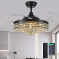 Trssdre 52" Dimmable Black Fandelier Ceiling Fans with Lights and Remote Modern Retractable Blade Crystal Chandelier Ceiling Fan for Bedroom Dinning Room Living Room
