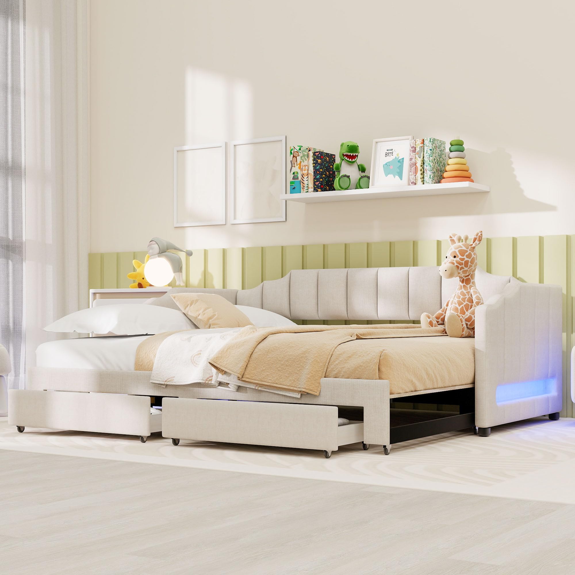 Bellemave Twin XL Size Daybed Frame with Pop up Trundle,Upholstered Day Bed with Two Storage Drawers and LED Light,Twin XL to King Daybed,Beige