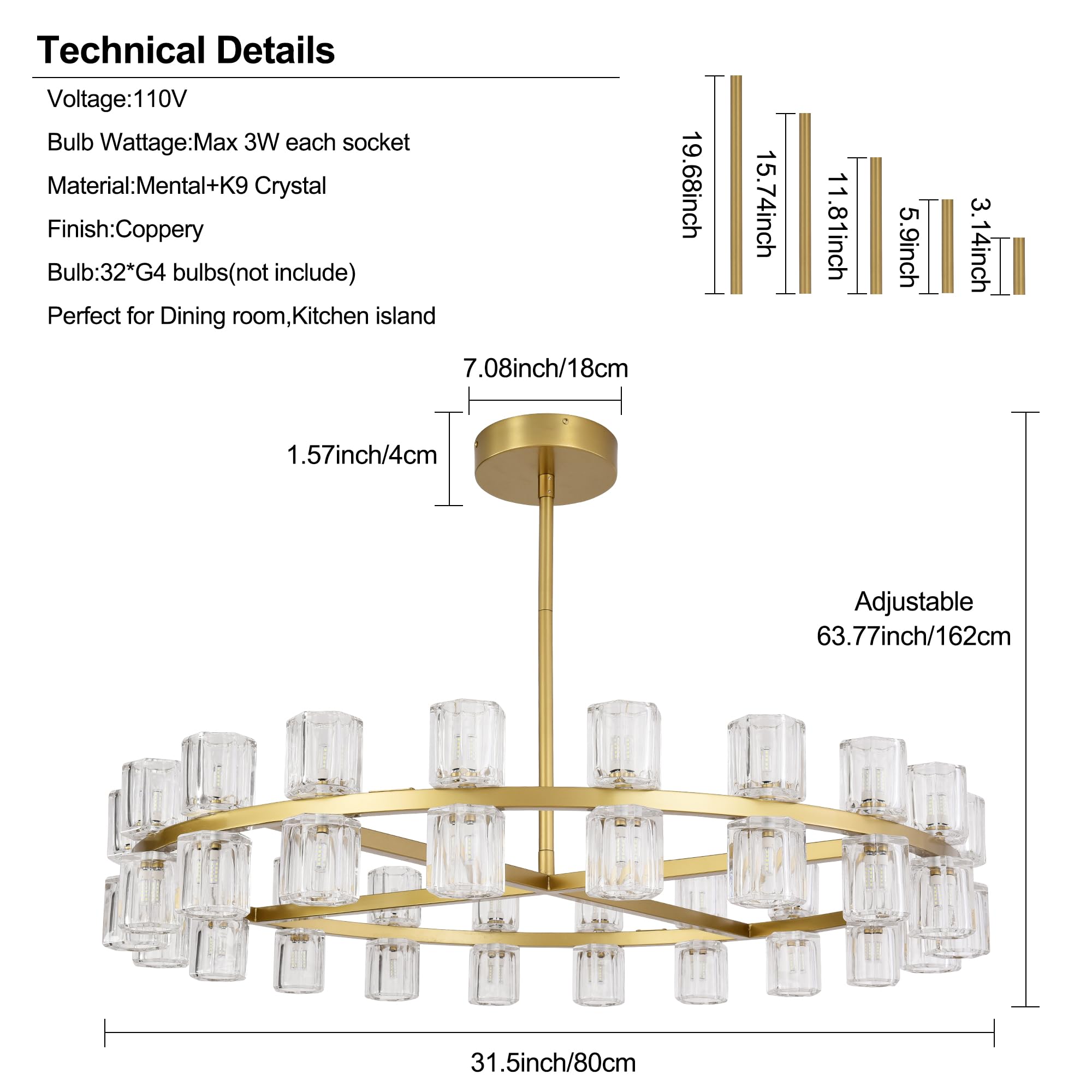 Leadtek 31.5 Inch Gold Wagon Wheel Chandelier, Modern Farmhouse Chandelier with K9 Crystal Chandelier Shade, for Dining Room Light Fixture, Kitchen Island, Entryway, Foyer
