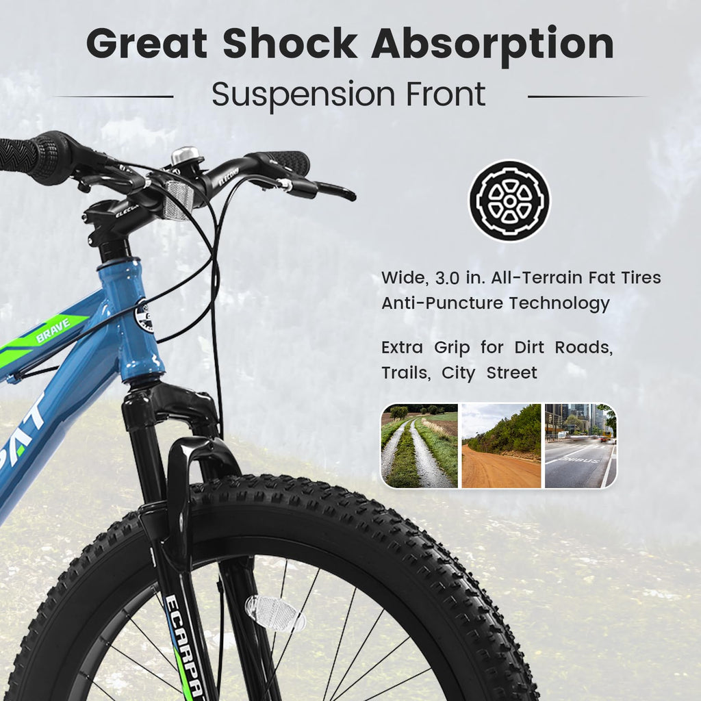 richvelo 26 Inch Fat Tire Bike Adult/Youth Full Shimano 7 Speeds Mountain Bike, Dual Disc Brake, High-Carbon Steel Frame, Front Suspension, Mountain Trail Bike, Urban Commuter City Bicycle