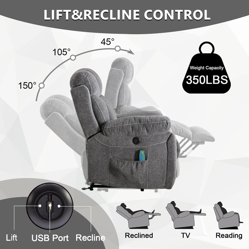 CANMOV Large Power Lift Recliner Chairs with Massage and Heat for Elderly Big People, Heavy Duty Motion Reclining Mechanism-Anti Skid Fabric Recliner Chair with 2 Concealed Cup Holders,Dark Gray
