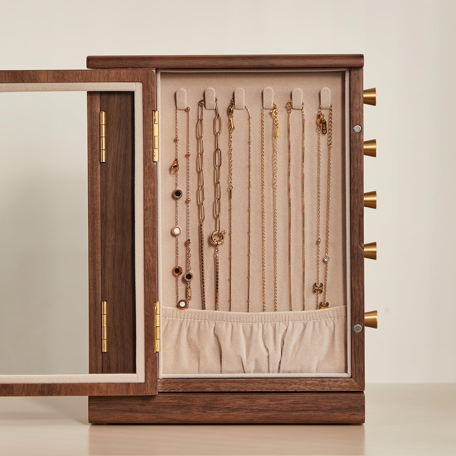 CHOSIN Black Walnut Wooden Jewelry Box, 360° Rotating Organizer with Glass Lid, 5 Drawers for Earrings, Rings, Necklaces – Vertical Jewelry Storage for Women, Ideal Gift for Her