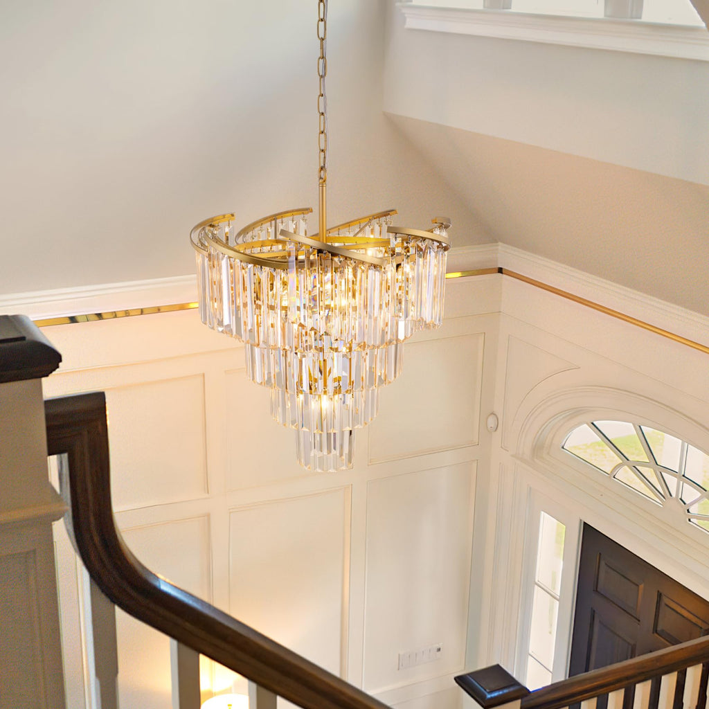 TOCHIC Gold Chandelier 5 Tier Modern Crystal Chandeliers 8 Light, Farmhouse Luxury High Ceiling Light Fixture for Dining Living Room, Bedroom, Bathroom, Kitchen Island, Entryway, 21.6" W
