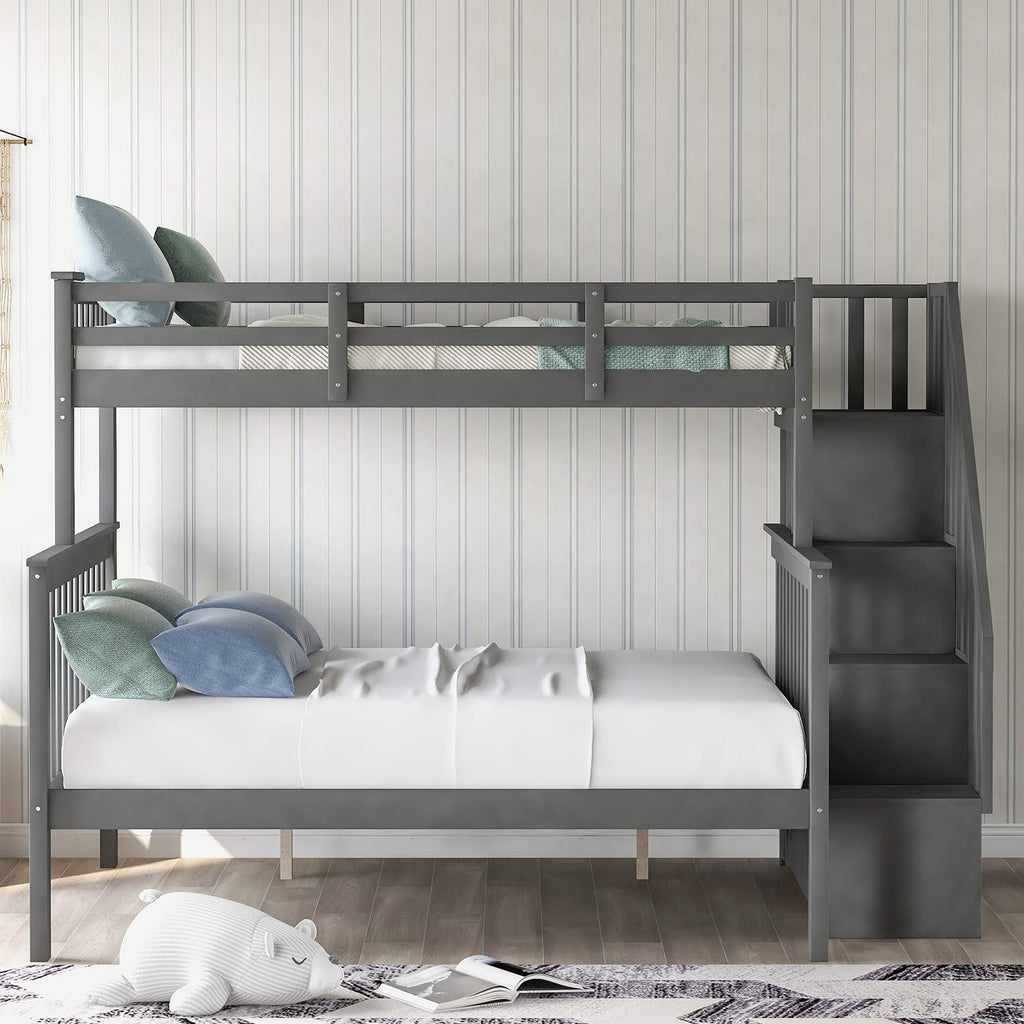 Stairway Bunk Beds Twin Over Full with 4-Step Stairs and Under-Step Storage Shelves, Gray