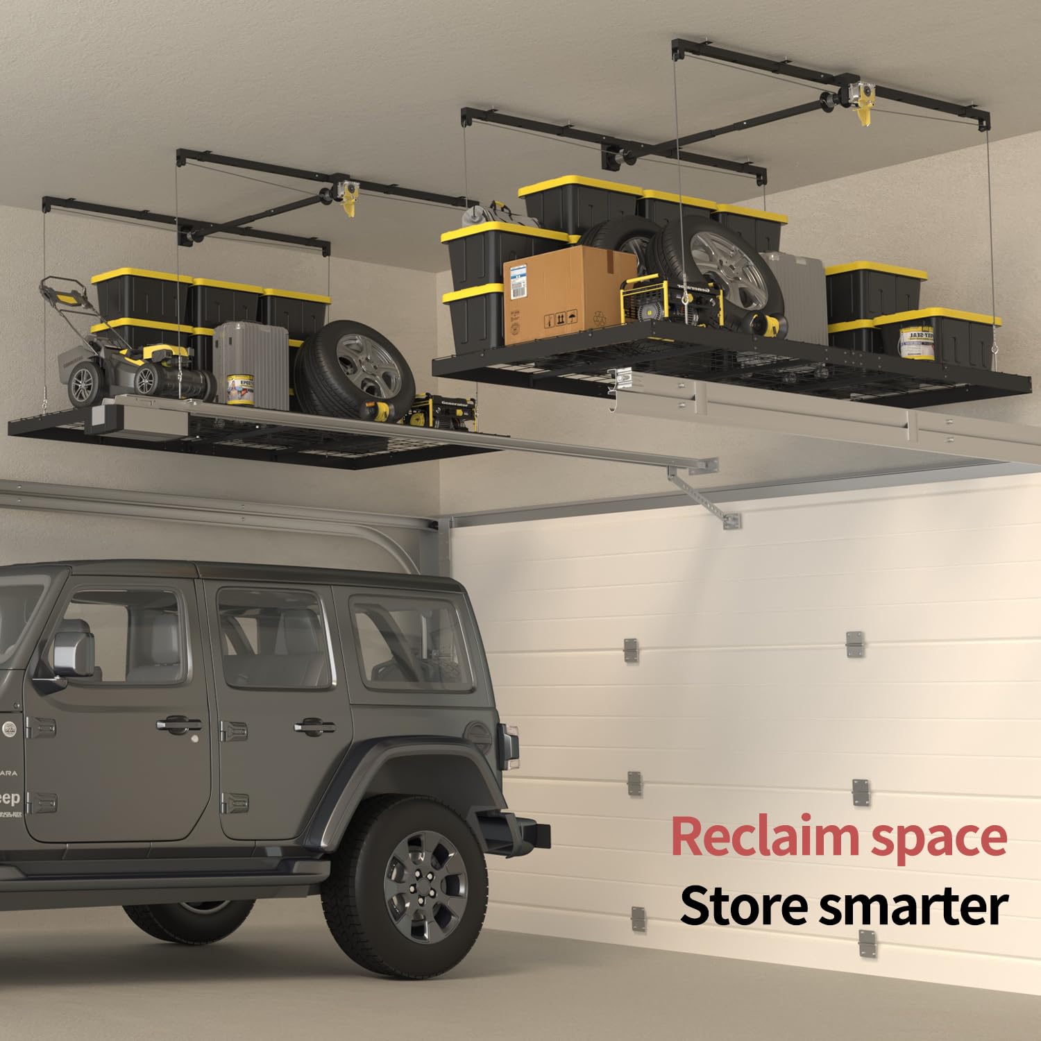 Garage Ceiling Storage Racks – 4x8 FT Overhead Garage Storage Rack with Safety Lock, Heavy-Duty Ceiling Mounted Lift System and Storage Organizer, Ideal for Maximizing Overhead Space, 325 lbs Capacity