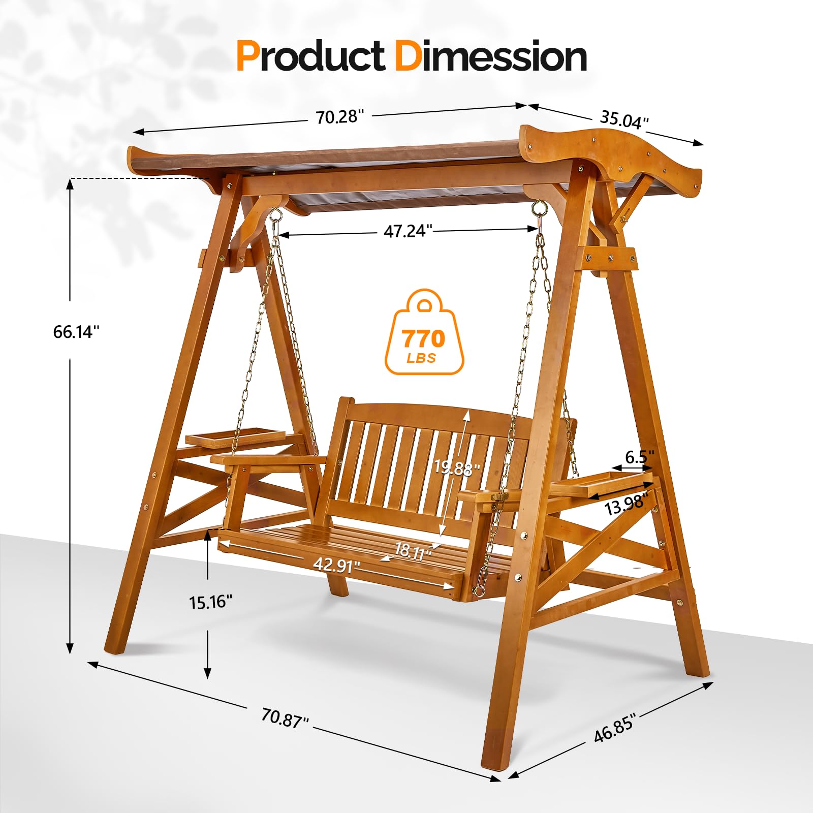 VINGLI Porch Swing with Stand, Porch Swing with Canopy, Waterproof Patio Swing with Cup Holder, Outdoor Swing Set for Garden, Yard, Patio, Teak