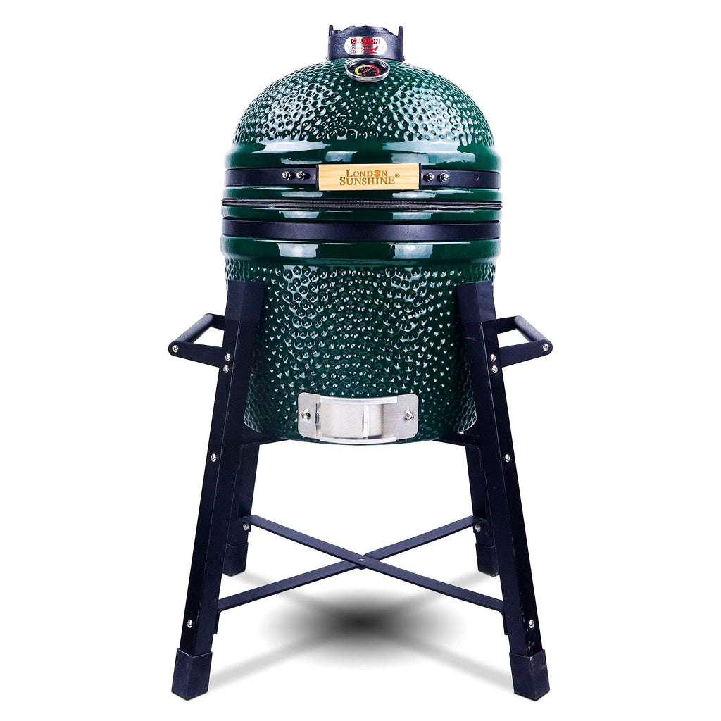 London Sunshine Ceramic Kamado Charcoal BBQ Grill and Smoker, Stainless Steel Grates -15" Ceramic with Tall Stand (GREEN)