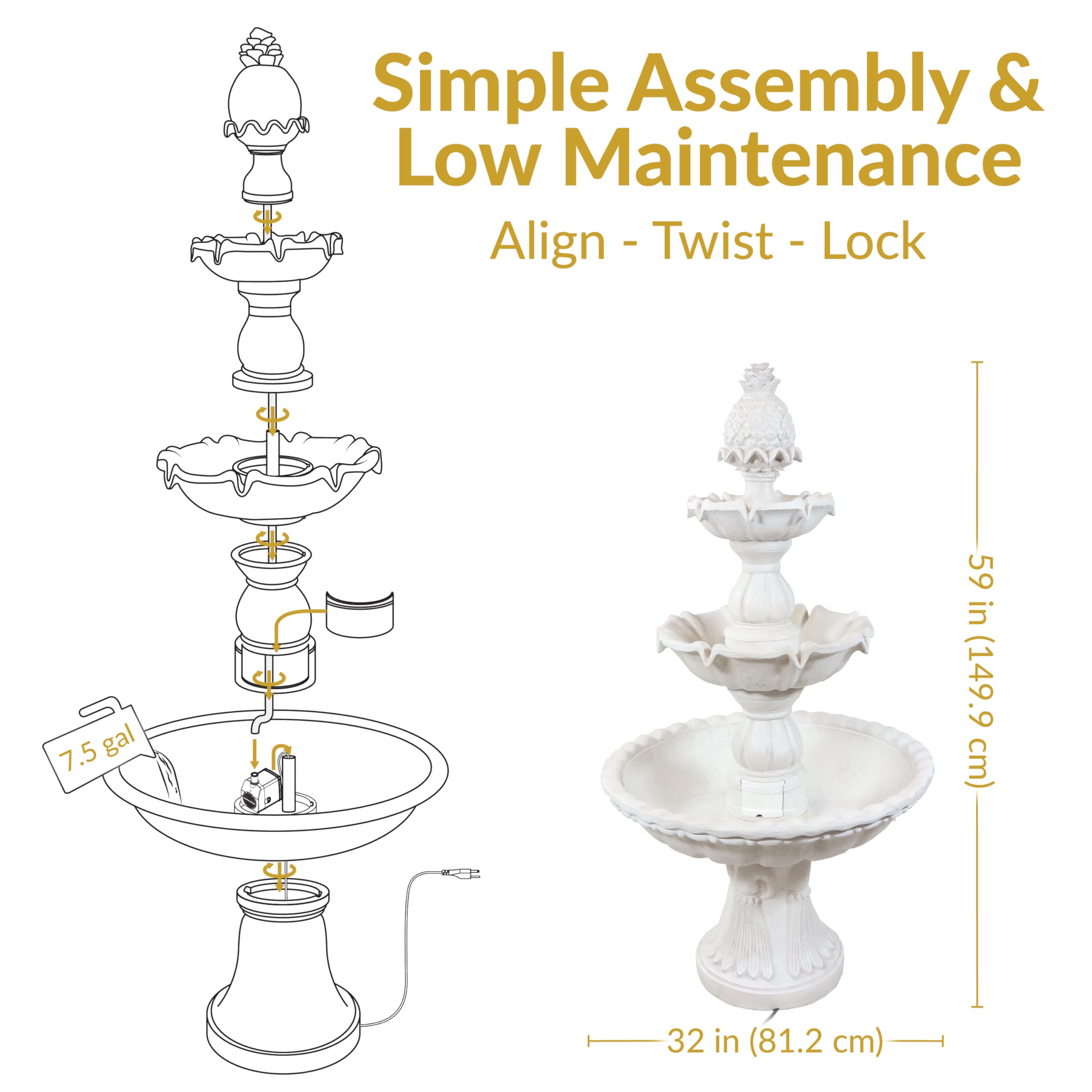 Sunnydaze 57" H Welcome 3-Tier Water Fountain - Large Electric Water Fountain with Pineapple Topper for Garden, Patio or Yard - Deep Espresso