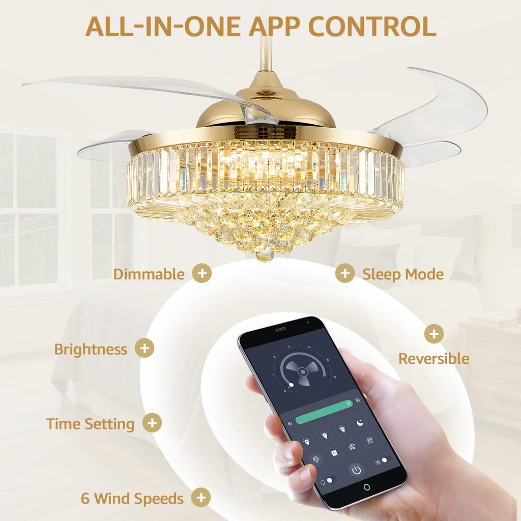 MOOONICHE 52 Inch Crystal Ceiling Fan with Light and Remote Modern Dimmable Fandelier Invisible Retractable Chandelier Fan Gold for Bedroom Living Room