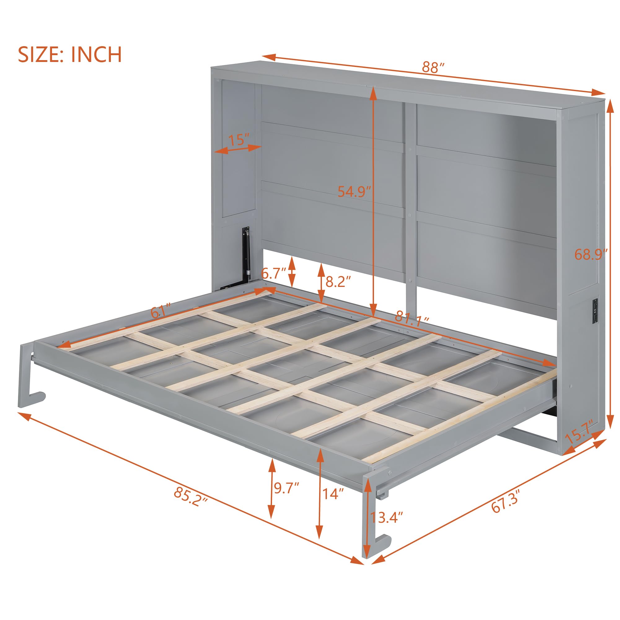 Ball & Cast Murphy Bed Full Size Wall Chest with Charging Station and Slat Support,Wood Hideaway Cabinet Platform Bedframe w/Leg,can be Folded,Space-Saving,for Small Room,Dorms,Gray