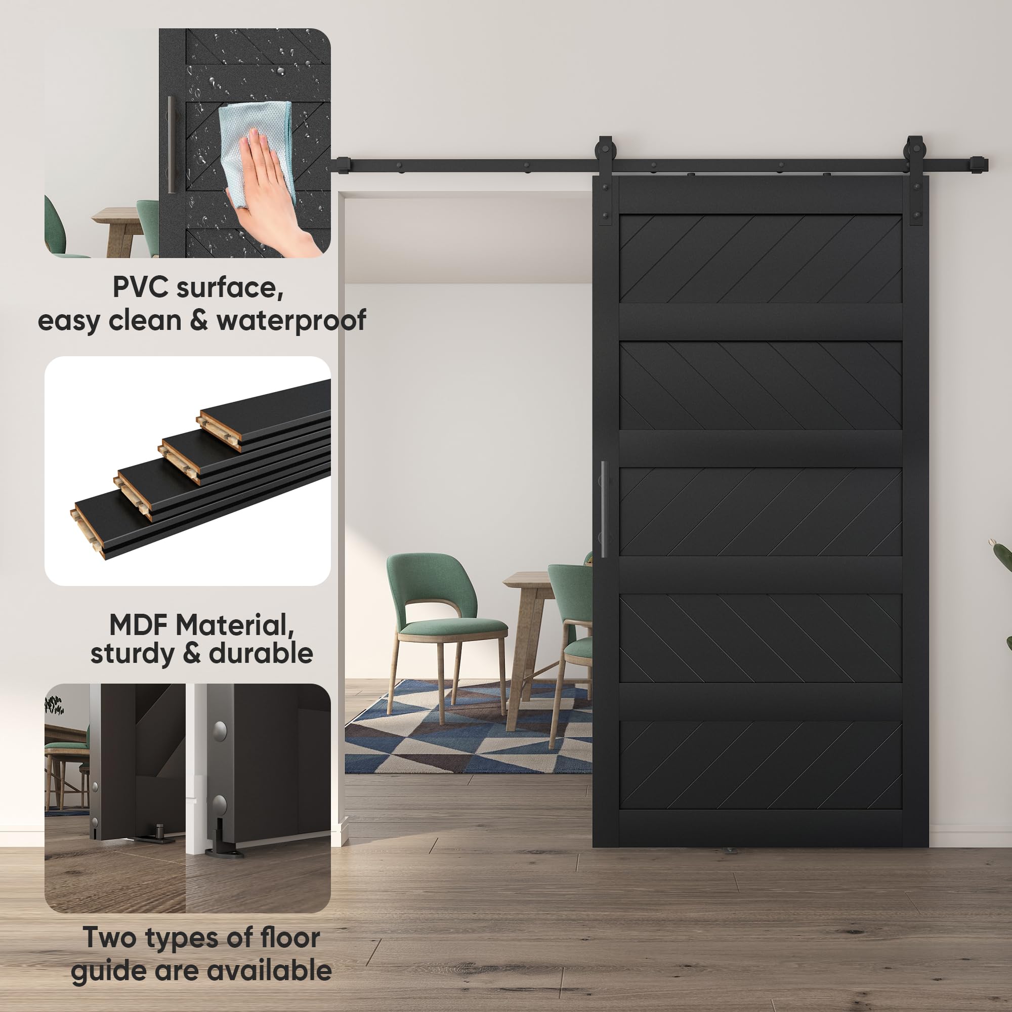 JUBEST 42" x 84" Barn Door, Slding Barn Door Kit Wav-Shape Barn Door Panel with Hardware Kit Include, Easy Installation, Solid Wood, MDF & PVC Covered, Black