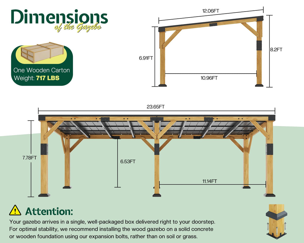 Jocisland 12' x 24' Cedar Wood Gazebo with Sloped Galvanized Steel Roof, Hardtop Gazebo Pavilion with Durable, Rot-Resistant Construction, Permanent Outdoor Pergola for Backyard, Garden & Deck