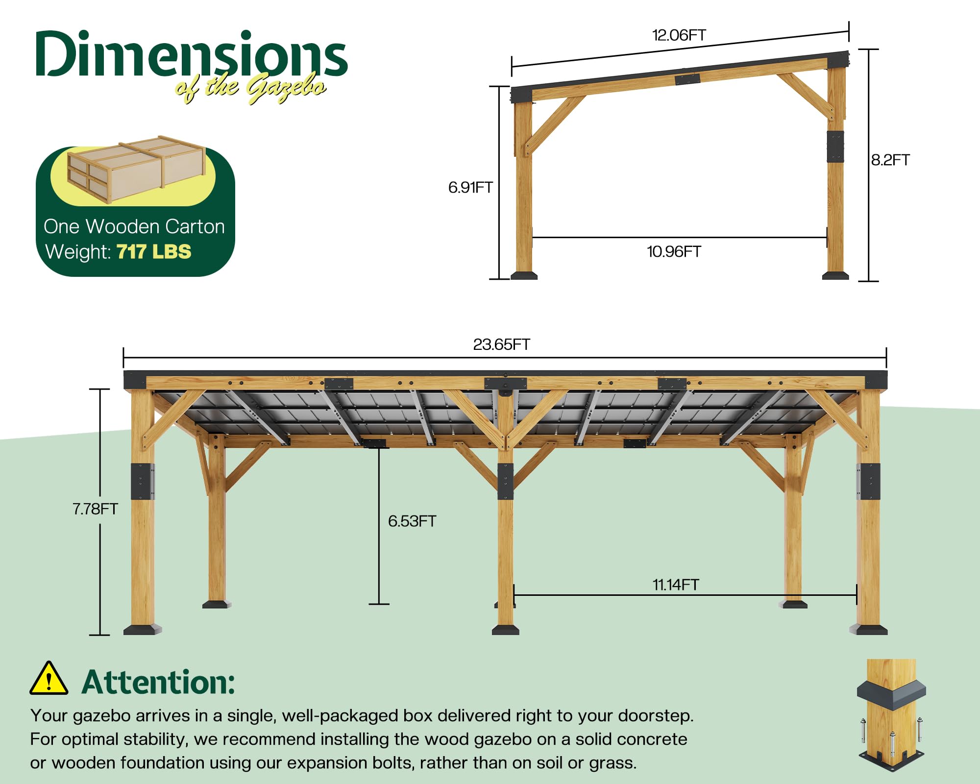 Jocisland 12' x 24' Cedar Wood Gazebo with Sloped Galvanized Steel Roof, Hardtop Gazebo Pavilion with Durable, Rot-Resistant Construction, Permanent Outdoor Pergola for Backyard, Garden & Deck