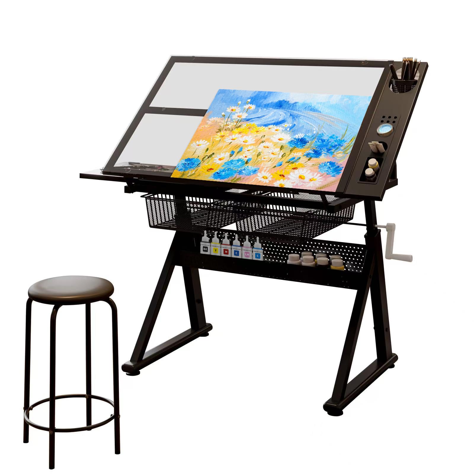 Landpink Adjustable Drawing Table for Artists | Drafting Desk with Tilted Glass Top | Art & Craft Table for Adults (Black, Smart Upgrade-29.52’’- 37.8'' H)