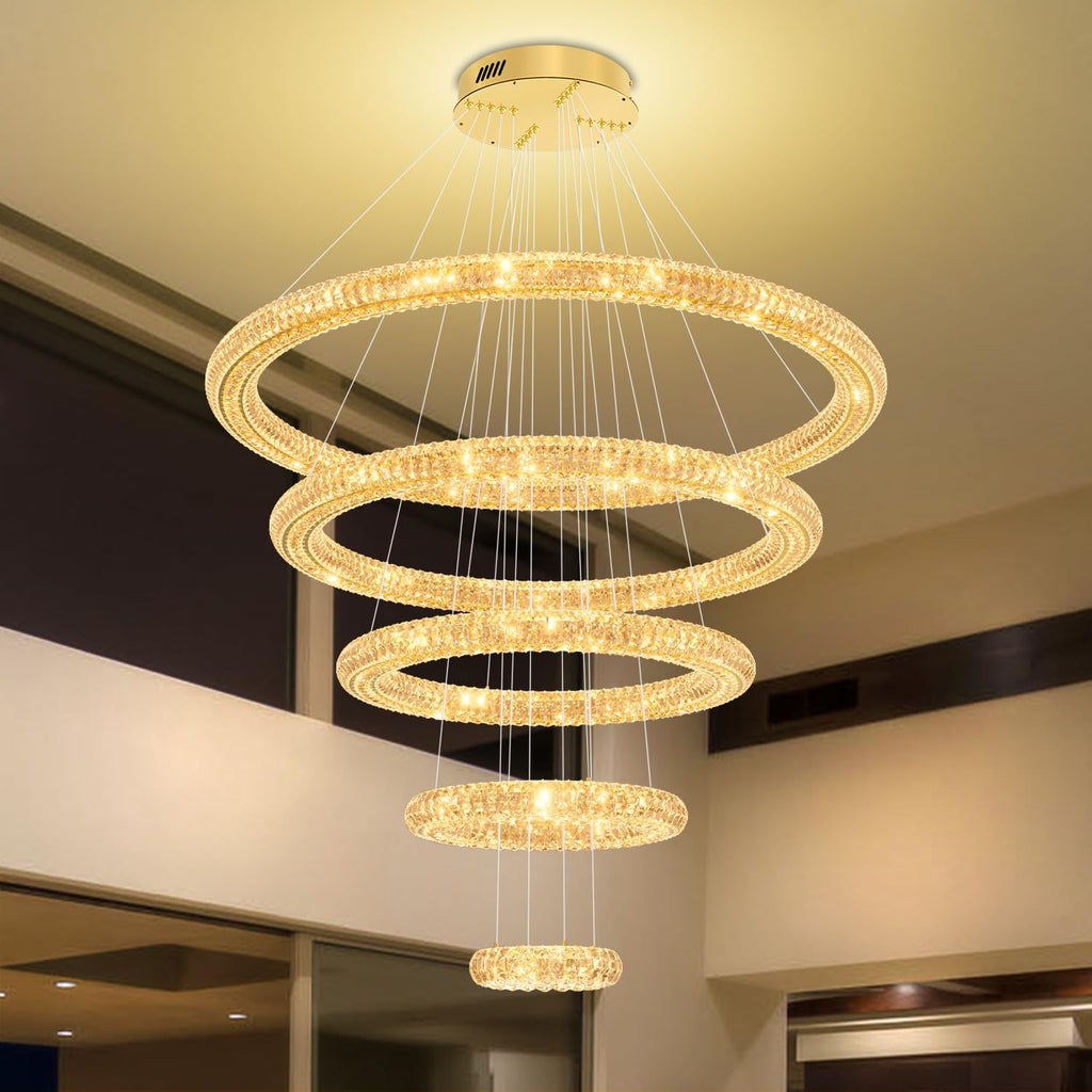 IDEQUY Large Gold Ring Chandelier for High Ceiling Modern Long Crystal Chandelier Lighting, Dimmable LED Ceiling Chandeliers,5 Ring D8‘’+15.7‘’+23.6‘’+31.5‘’+39.4''