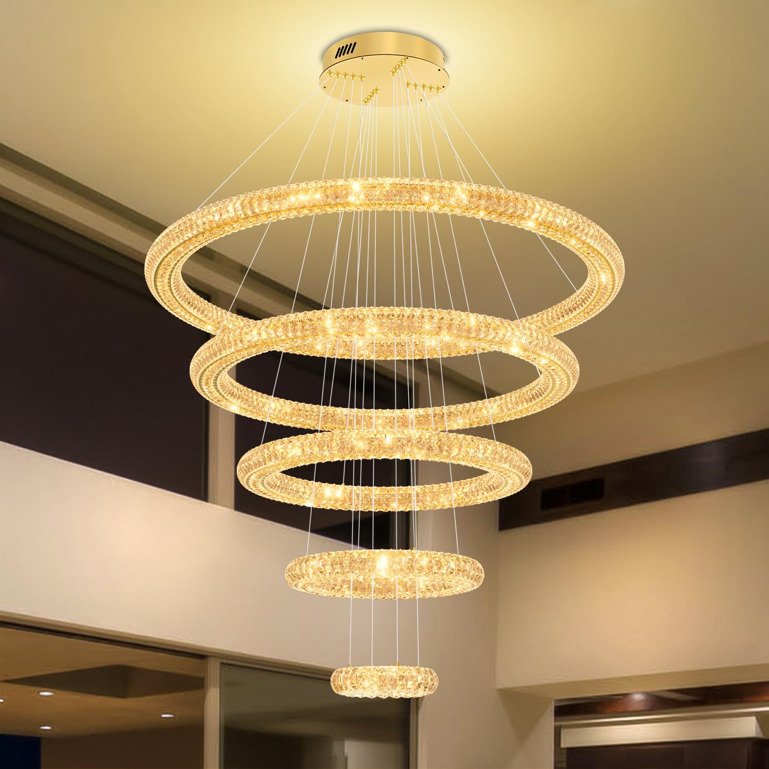 IDEQUY Large Gold Ring Chandelier for High Ceiling Modern Long Crystal Chandelier Lighting, Dimmable LED Ceiling Chandeliers,5 Ring D8‘’+15.7‘’+23.6‘’+31.5‘’+39.4''