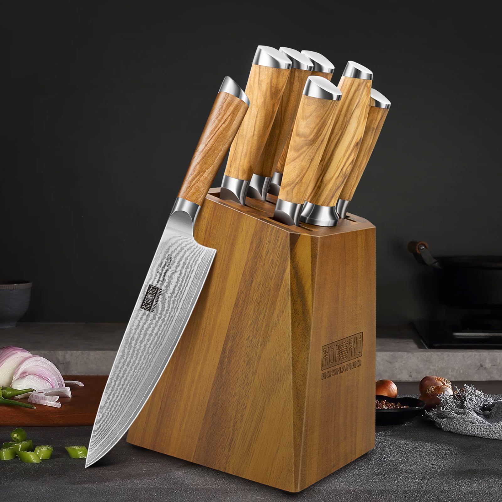 HOSHANHO Knife Set with Block 7-Piece, Professional 67-layer Damascus Super Steel Kitchen Knife Sets for Cooking, Ultra Sharp Knife Set with Sharpener
