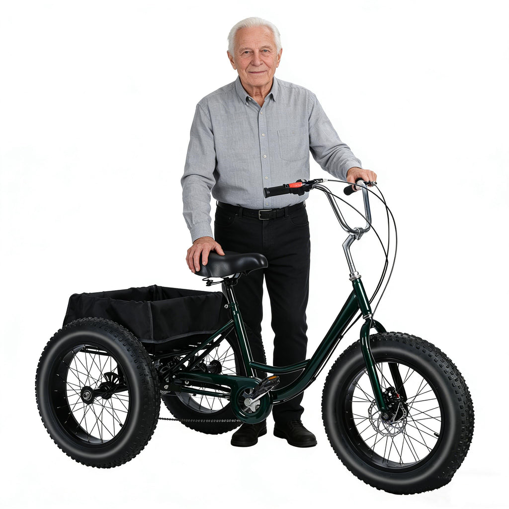 Masiunoz 20 Inch Snow Fat Tire Trike - 7 Speed Adult 3 Wheel Bicycle, Big Wheel Tricycle with Rear Cargo Basket, 450lb Capacity, Dual Disc Brakes, Comfort Seat for Seniors