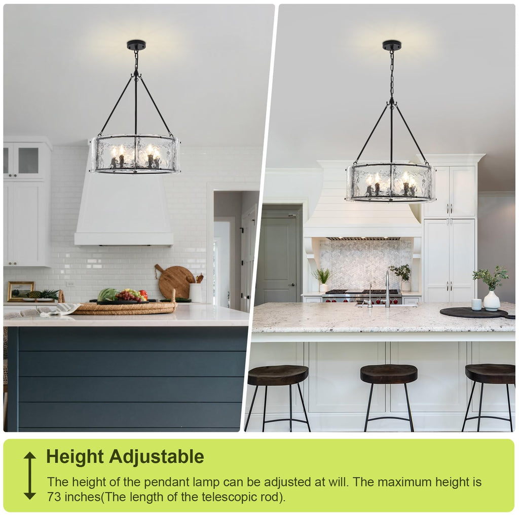 Enjoy the lights 5-Light Dining Room Light Fixture, Black Modern Drum Chandelier with Textured Glass Shade, Adjustable Farmhouse Chandelier for Foyer, Entryway, Kitchen Island, Living Room