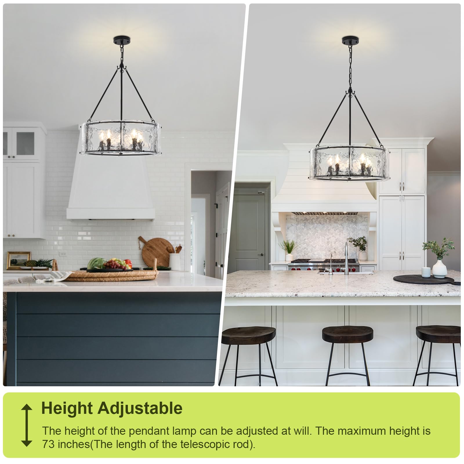 Enjoy the lights 5-Light Dining Room Light Fixture, Black Modern Drum Chandelier with Textured Glass Shade, Adjustable Farmhouse Chandelier for Foyer, Entryway, Kitchen Island, Living Room
