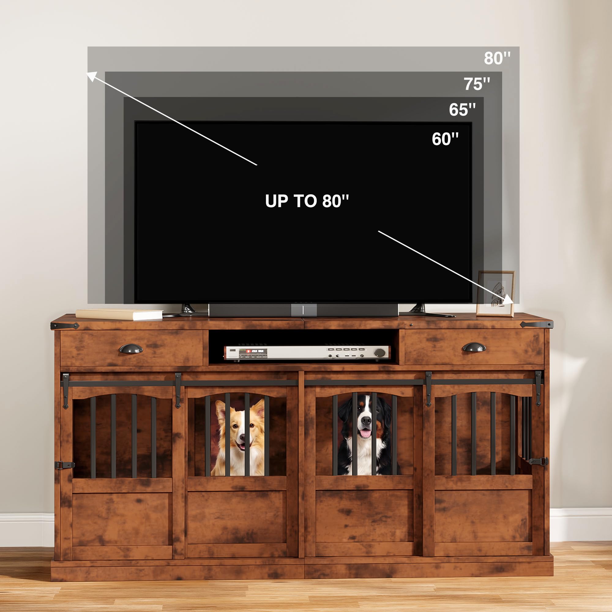Homiflex 72" Double Dog Crate Furniture with Storage for 2 Medium Large Dogs Farmhouse Wooden Dog Kennel Furniture with 2 Sliding Doors Divider & Power Outlets Decorative Dog Cage TV Stand, Brown