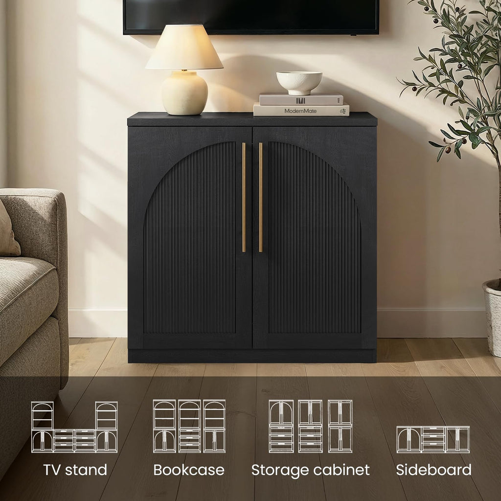 ModernMate Set of 2 Arched Sideboard Cabinets, 62" Modular Storage Buffet Table with Wave-Panel Doors, Black Wood Grain Media Console with Soft-Close Hinges for Living Room