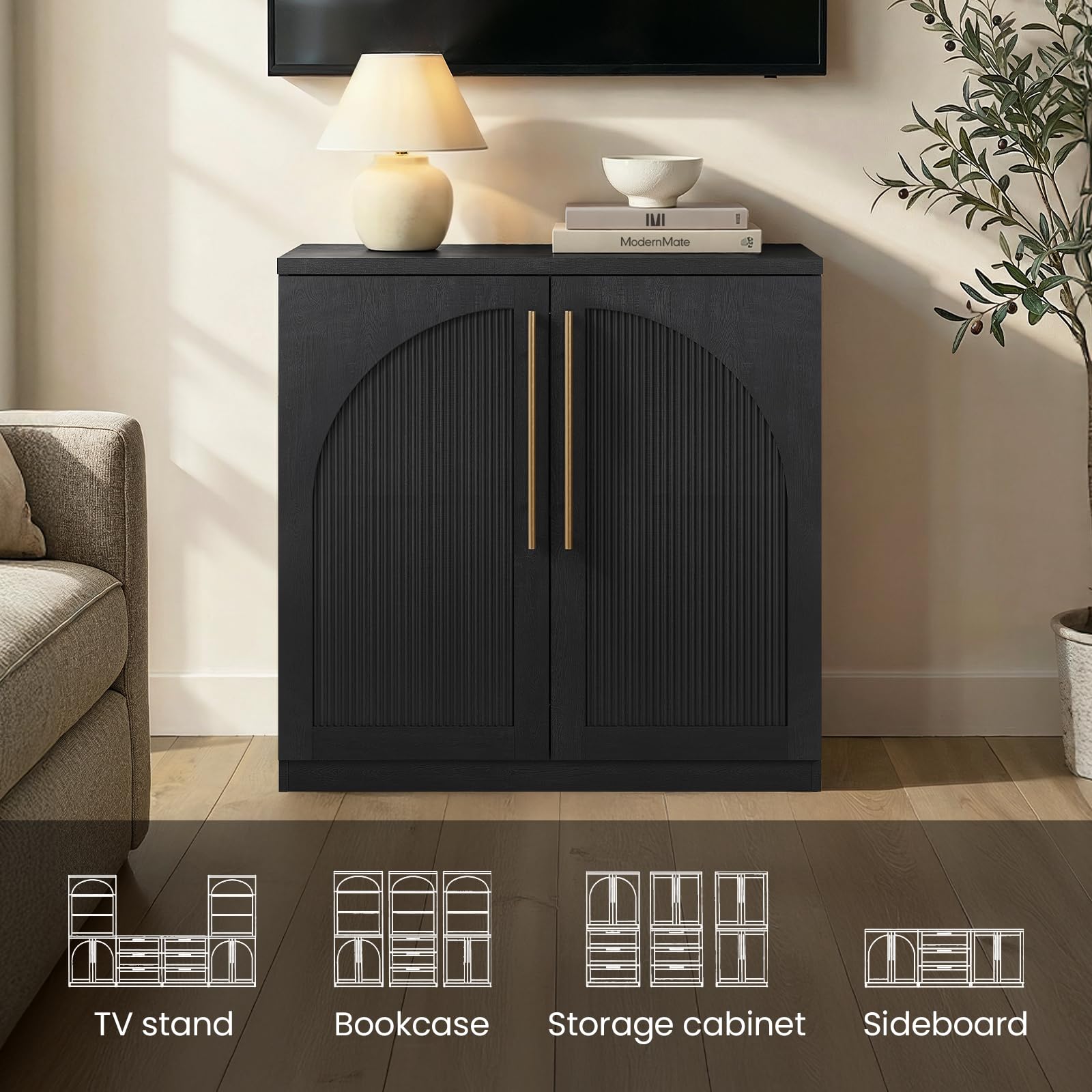 ModernMate Set of 2 Arched Sideboard Cabinets, 62" Modular Storage Buffet Table with Wave-Panel Doors, Black Wood Grain Media Console with Soft-Close Hinges for Living Room