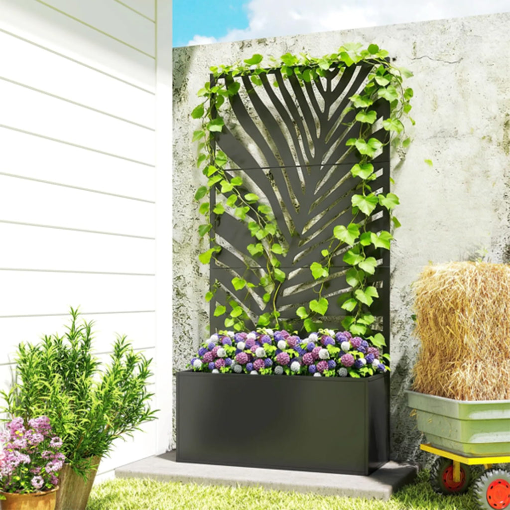 Amgalers Leaf Cutout Privacy Screen Planter Box with Trellis, Metal Raised Garden Bed for Patios, Balconies & Gardens(Large)