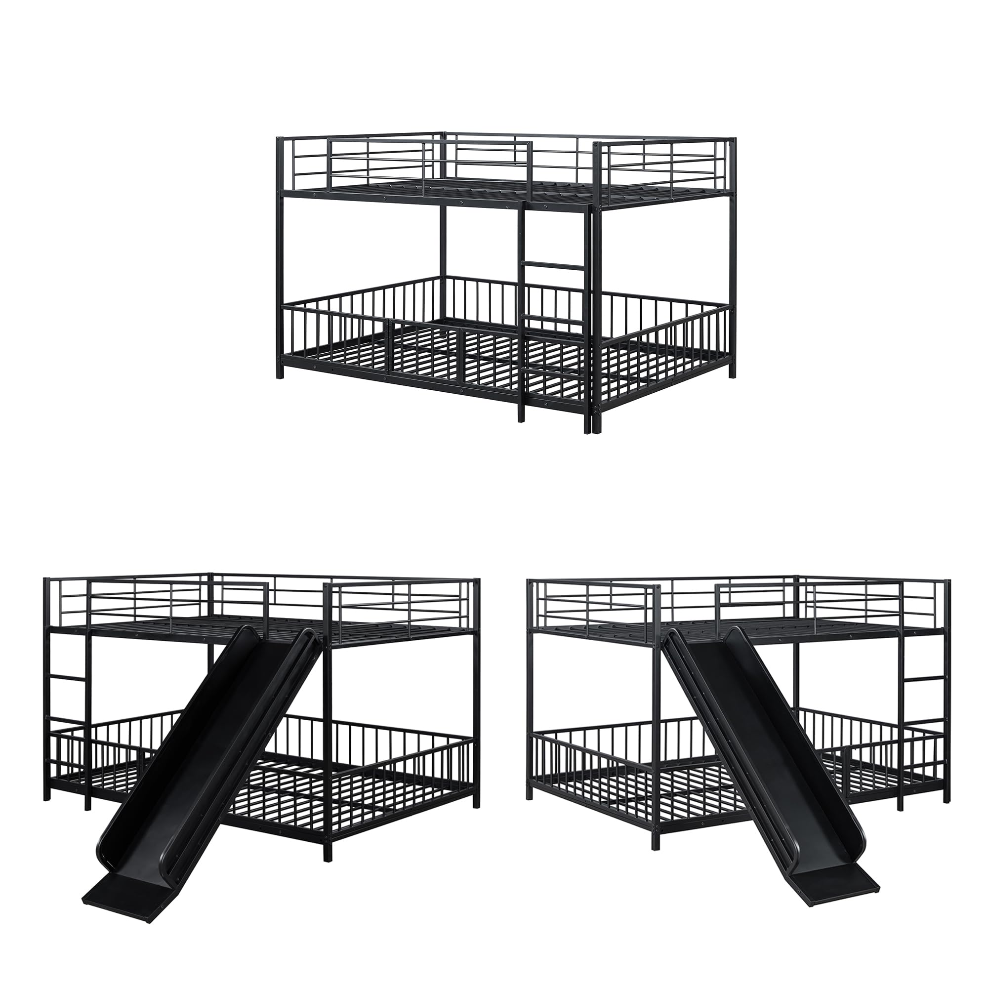 Bellemave Full Over Full Bunk Bed with Slide and Ladder, Metal Low Bunk Bed for Kids, Girls, Boys, Removable Fence, with Door, Black