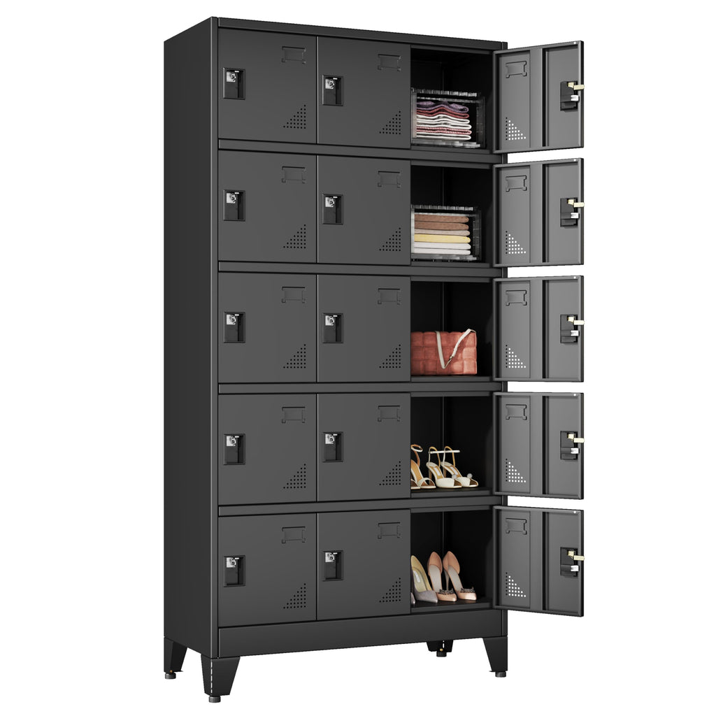 Lusiwry Metal Lockers for Employees-15 Doors Storage Locker with Shelves and Lockable Steel Cabinet for School,Gym,Office,Staff,Assembly Required,Black