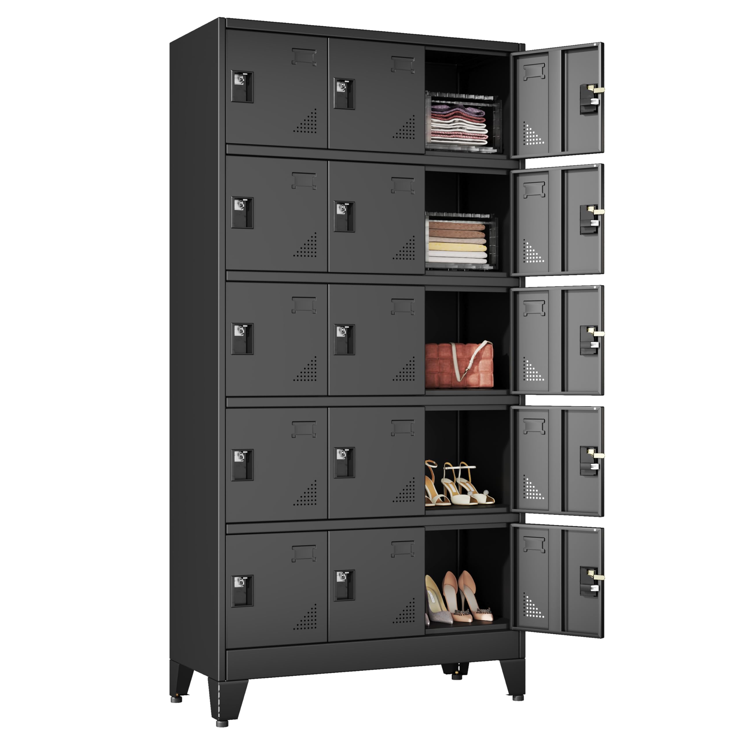 Lusiwry Metal Lockers for Employees-15 Doors Storage Locker with Shelves and Lockable Steel Cabinet for School,Gym,Office,Staff,Assembly Required,Black