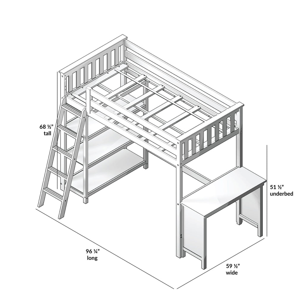 Max & Lily High Loft Bed, Twin Bed Frame for Kids With Bookcase and Desk, Clay