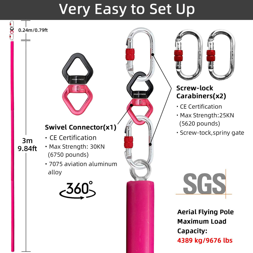 PRIOR FITNESS Aerial Flying Pole Set, Pink 3m Aerial Dance Pole W/Non-Slip Silicone Cover, SGS Professional Hanging Pole with Rigging Hardware, Portable for Home, Gym, Dance Club & Party
