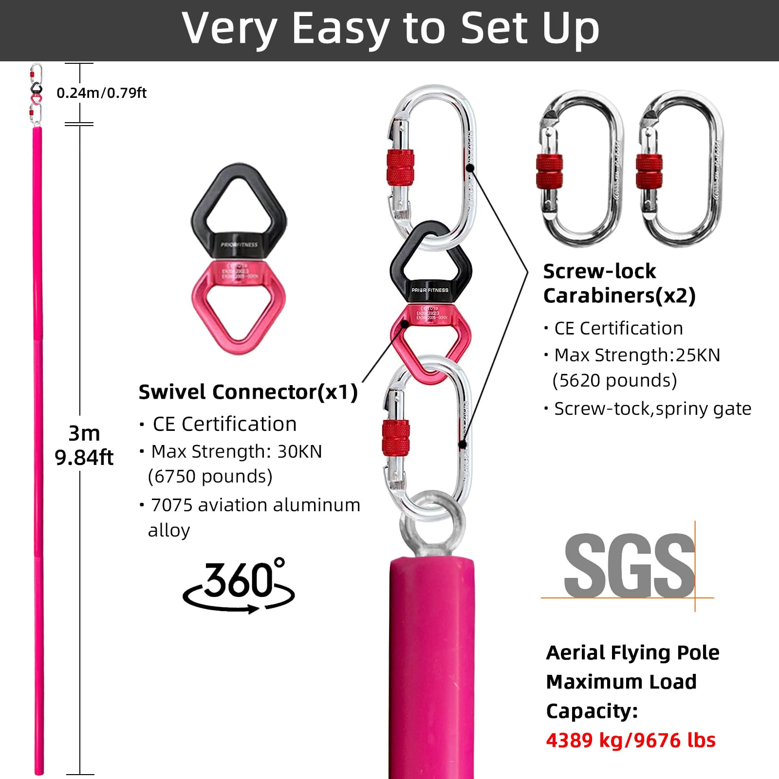PRIOR FITNESS Aerial Flying Pole Set, Pink 3m Aerial Dance Pole W/Non-Slip Silicone Cover, SGS Professional Hanging Pole with Rigging Hardware, Portable for Home, Gym, Dance Club & Party