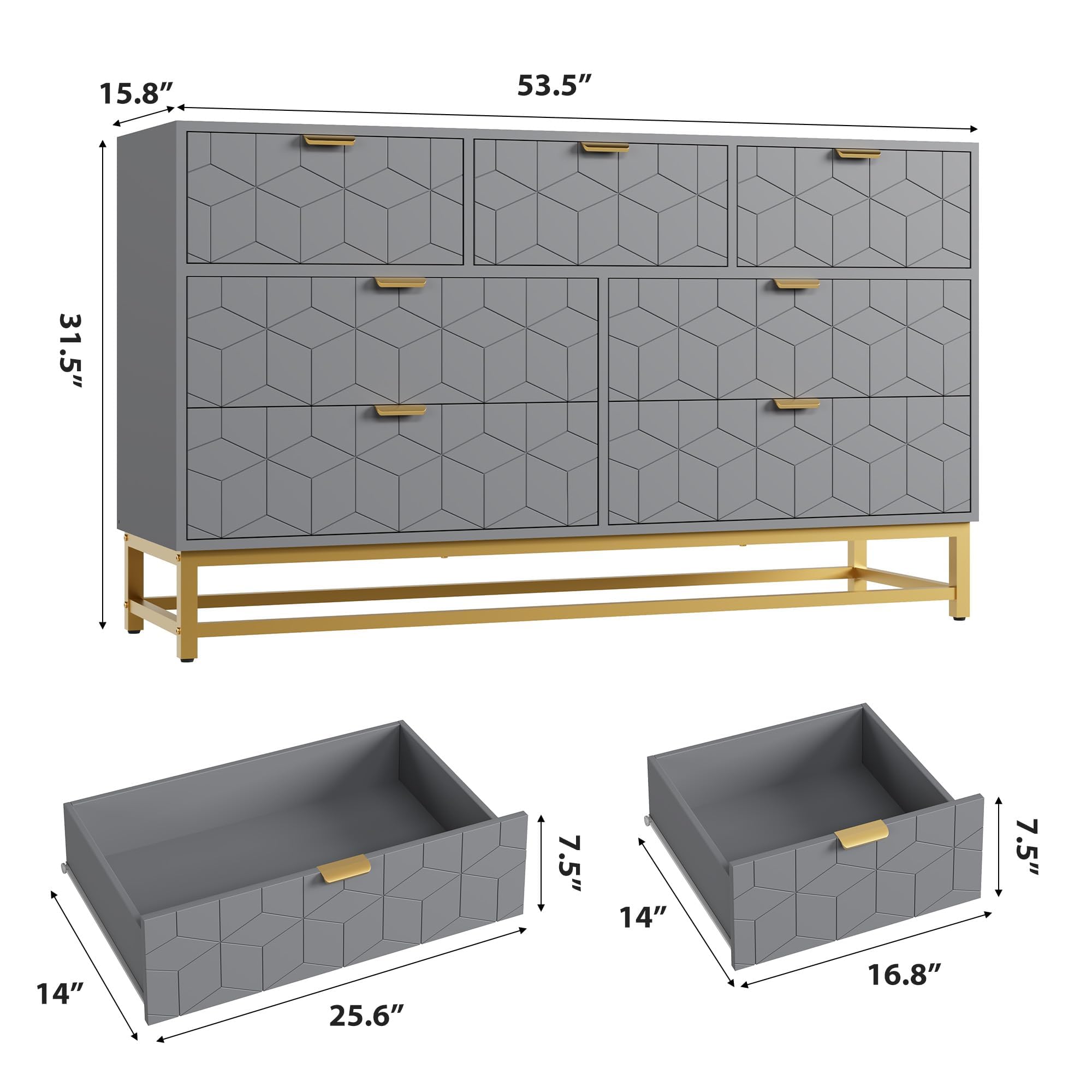 Dresser for Bedroom, 53.5" Wide Dresser Organizer, 7 Drawer with Golden Metal Handle and Legs, Modern Chest of Drawers for Closet, Hallway, Living Room, Entryway, Grey