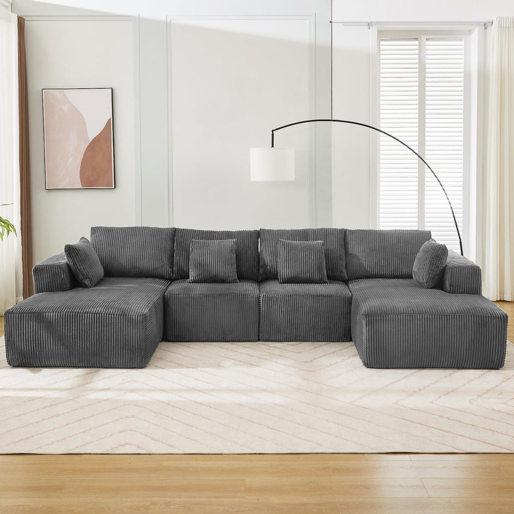 137" Oversized Cloud Boneless Sofa Couch with Chaise, Modern Corduroy u Shaped Modular Sectional Sofa with Deep Seat, No Assembly Required, Convertible Compression Sleeper Sofa for Living Room