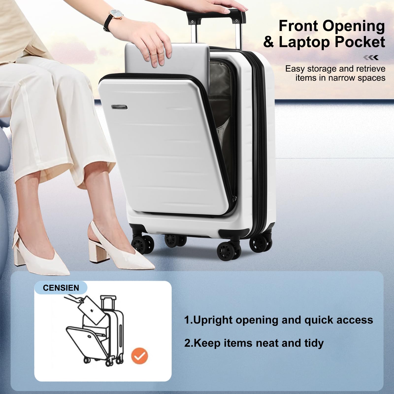 CENSIEN Luggage Sets 2 Pieces, 20 Inch Carry On Luggage and Expandable 28 Inch Checked Luggage with Spinner Wheels, Lightweight ABS+PC Hard Shell Suitcase with Front Opening, TSA Lock (White, 20/28)