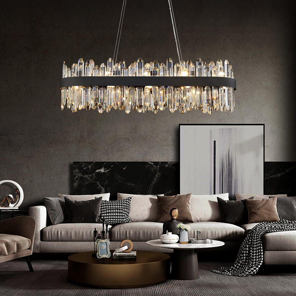DUNFIZZ Modern Rectangular Crystal Chandelier, 20-Lights Black Raindrop Chandelier Lighting Contemporary Pendant Ceiling Light Fixture for Dining Room Living Room Kitchen Island L35.4''