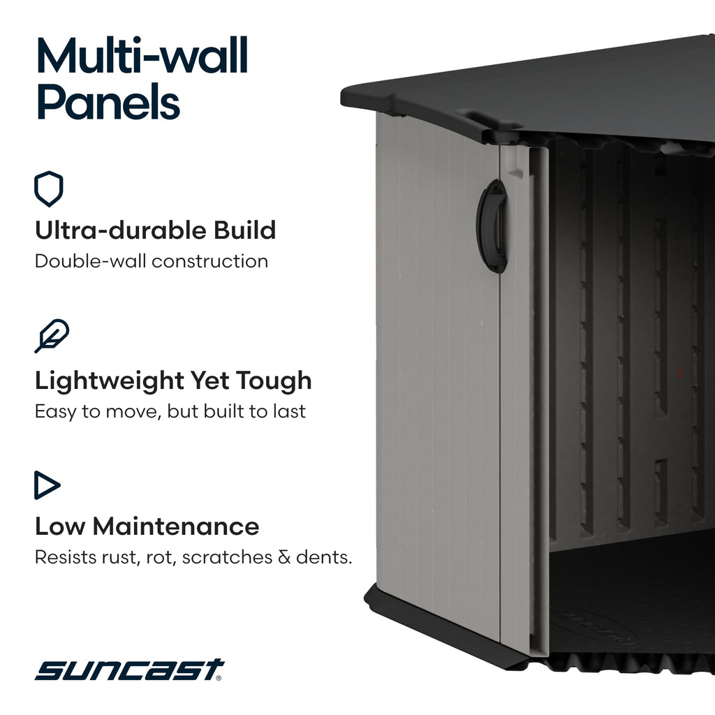 Suncast 138 Cu Ft Horizontal Outdoor Storage Shed, 57.5"x79.75"x52" Glidetop Outdoor Shed with Sliding Lid, Resin Storage Sheds with Floor for Bikes, Motorcycles, & Lawn Mower, Made in The USA