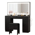IRONCK Vanity Makeup Desk Set with LED Lighted Mirror & Power Outlet, 7 Drawers Bedroom Vanities Table with Stool,Black