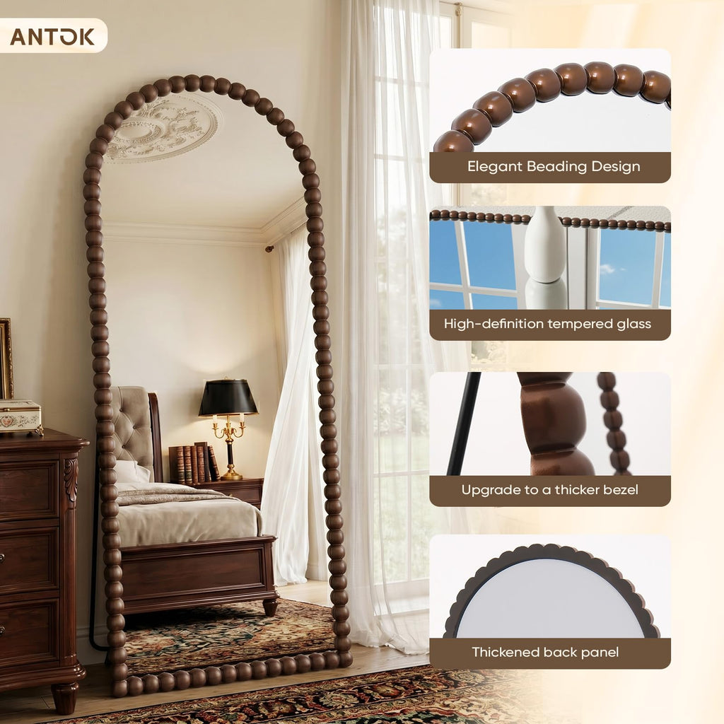 Antok 71" x 28" Arched Full Length Mirror, Antique Beaded Frame Floor Standing or Wall Mounted Mirror with Stand for Bedroom, Entryway, Brown, Luxury Style