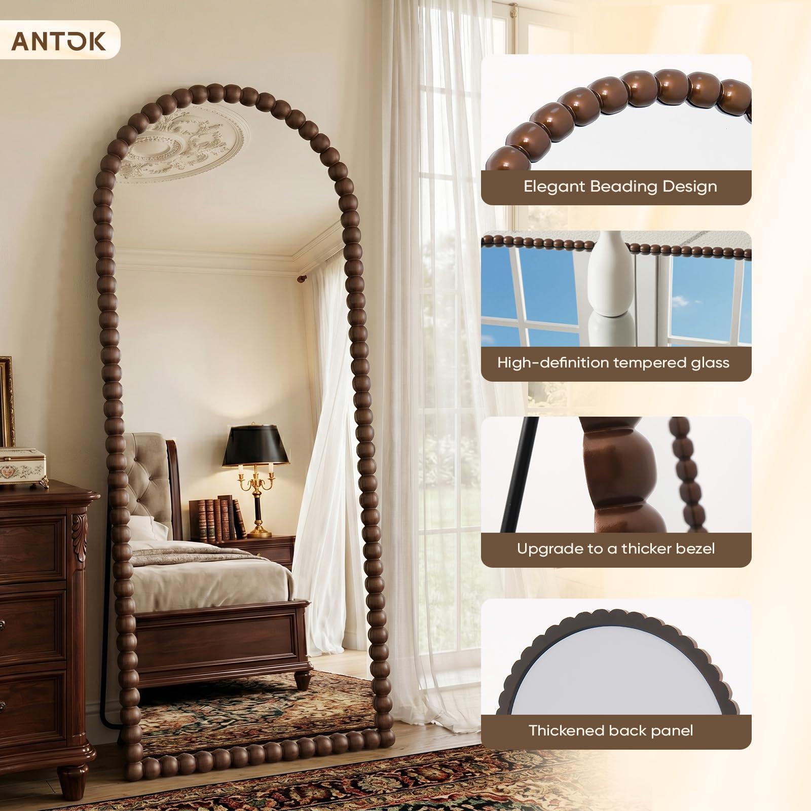 Antok 71" x 28" Arched Full Length Mirror, Antique Beaded Frame Floor Standing or Wall Mounted Mirror with Stand for Bedroom, Entryway, Brown, Luxury Style