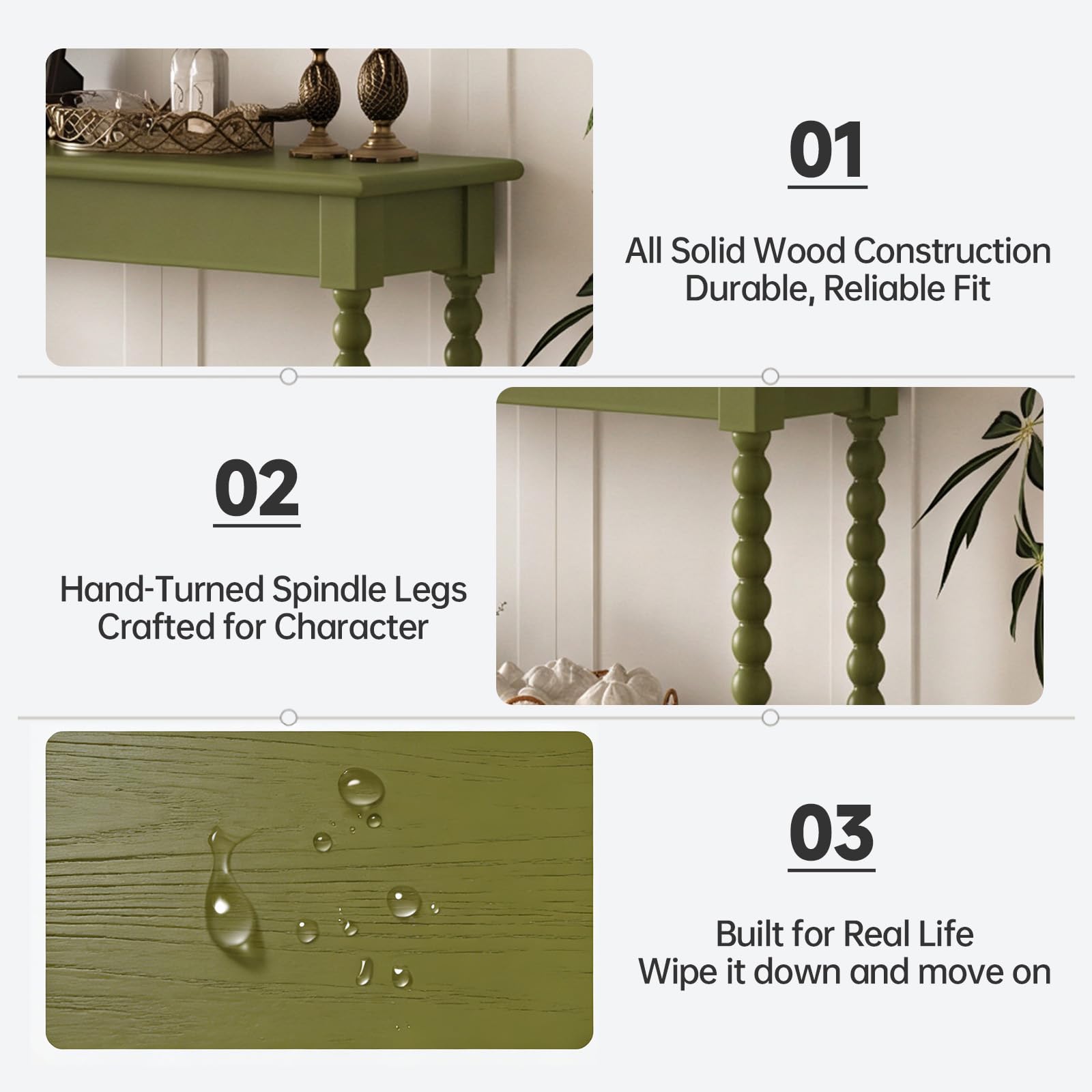 NKGIAG 45'' Vintage Console Table, 100% Solid Wood Tall Entryway Table with 2-Tier Storage for Entrance, Hallway, Foyer, Living Room, Narrow Couch Table Behind Sofa, Minimal Assembly, Green