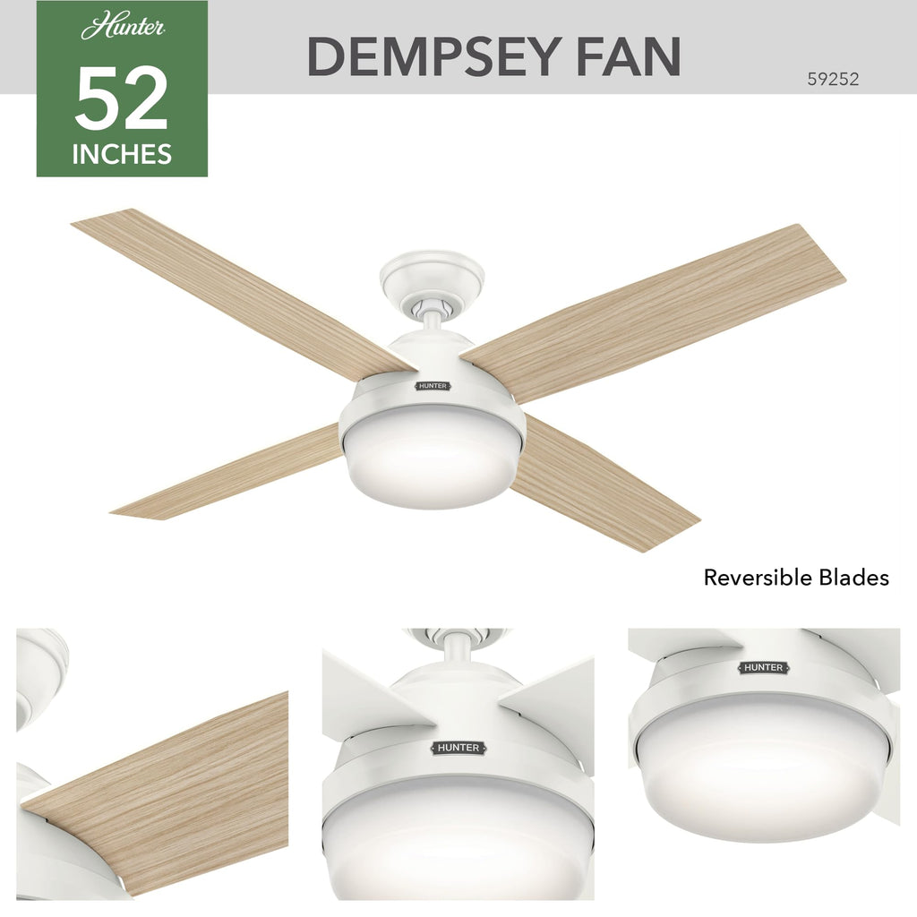 Hunter 52 inch Outdoor or Indoor Ceiling Fan with LED Light and Remote Control - White Ceiling Fan, Standard Mount, 4 Blades, For Patio, Porch, Garage, or Living Room - Dempsey 59252, Fresh White