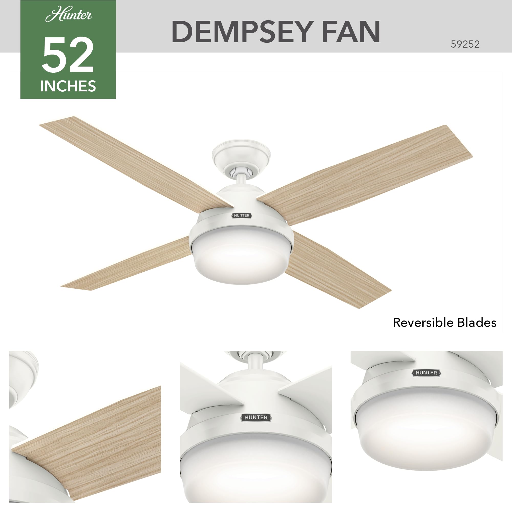 Hunter 52 inch Outdoor or Indoor Ceiling Fan with LED Light and Remote Control - White Ceiling Fan, Standard Mount, 4 Blades, For Patio, Porch, Garage, or Living Room - Dempsey 59252, Fresh White