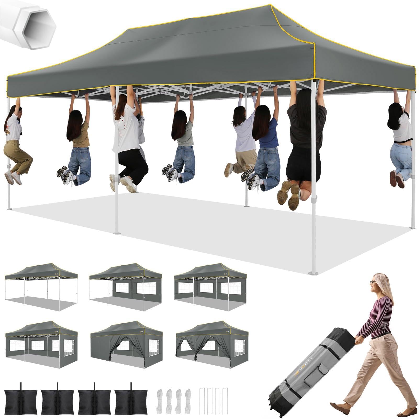 HOTEEL 10x20 Heavy Duty Pop up Canopy Tent with 6 Sidewalls, Easy Setup Outdoor Commercial Instant Gazebo for Parties Wedding Event, with Roller Bag & Sand Bags, Gray(Hexagonal Frame)