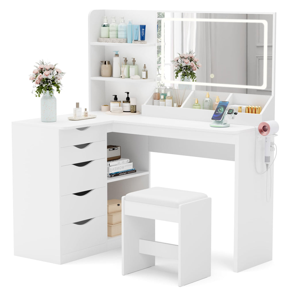 YESHOMY Vanity Desk with Lights and Mirror, L Shaped Makeup Table, Dresser with Hairdryer Holder and Power Outlet, Adjustable 3 Lighting Modes, 5 Drawers and Adjustabled Open Storage Shelves, White