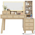 YESHOMY Makeup Vanity Desk with Large Mirror and LED Lights, with 7 Drawers & Charging Station, Dressing Table Set Modern Glass Storage Cabinet with Adjustable Shelves for Bedroom, Oak