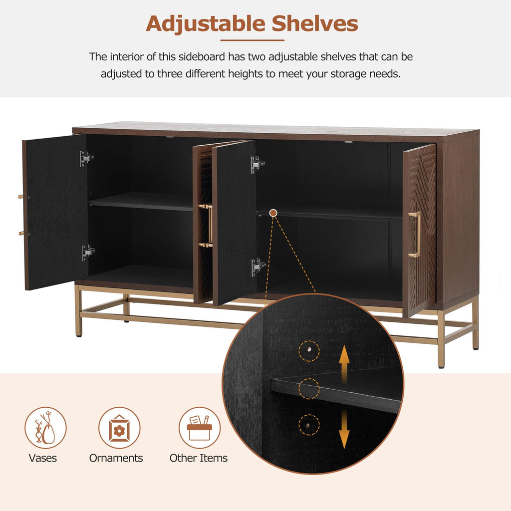 GDFStudio 60" Modern Sideboard Buffet Storage Cabinet with 4 Doors & Adjustable Shelves, Retro Coffee Bar with Metal Handles & Legs, Kitchen Cupboard Organizer for Dining Room Living Room, Espresso